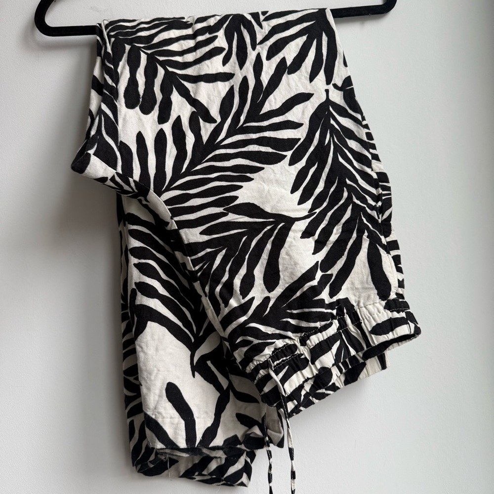 H&M Black White Tropical Leaf Print Linen Blend Wide Leg Pants S